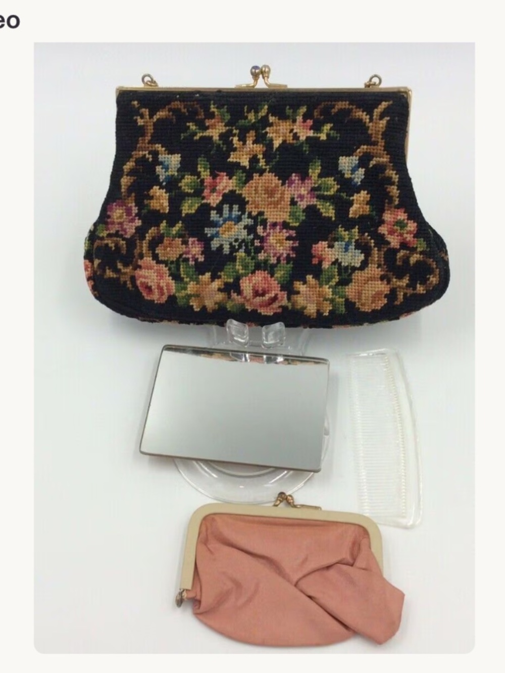 Vintage Petit Point Needlepoint Floral Evening Bag Purse Mirror Comb Coin Purse